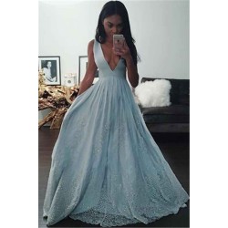 Baby Blue V-neck Beading Lace Formal Evening Dresses Beautiful Sleeveless Prom Party Gowns