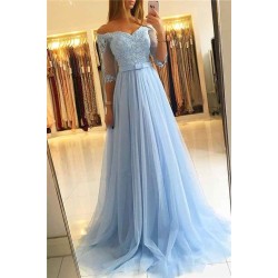 Off-the-Shoulder Half Sleeve Evening Dresses Formal Lace Appliques Prom Party Gowns with Belt