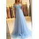 Off-the-Shoulder Half Sleeve Evening Dresses Formal Lace Appliques Prom Party Gowns with Belt