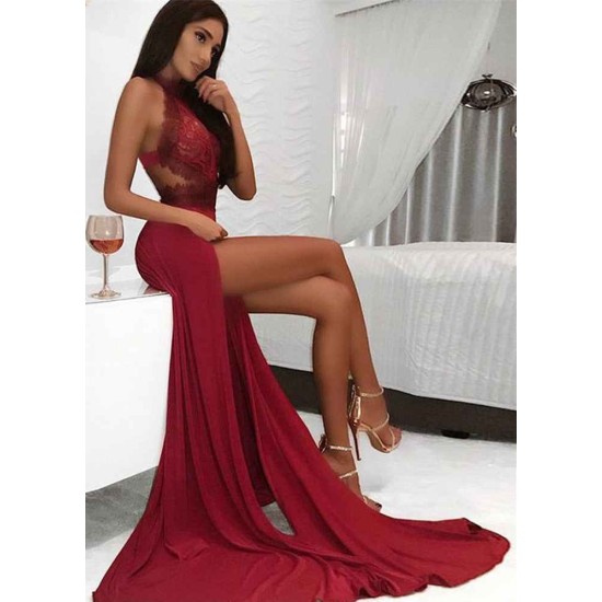 Chic Burgundy High Neck Long Evening Dresses Lace Open Back Prom Party Gowns
