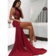 Chic Burgundy High Neck Long Evening Dresses Lace Open Back Prom Party Gowns