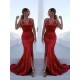 Gorgeous Red Halter Elegant Lace Up Prom Dresses Sleeveless Ruffles Chic Mermaid Side Slit Evening Dresses