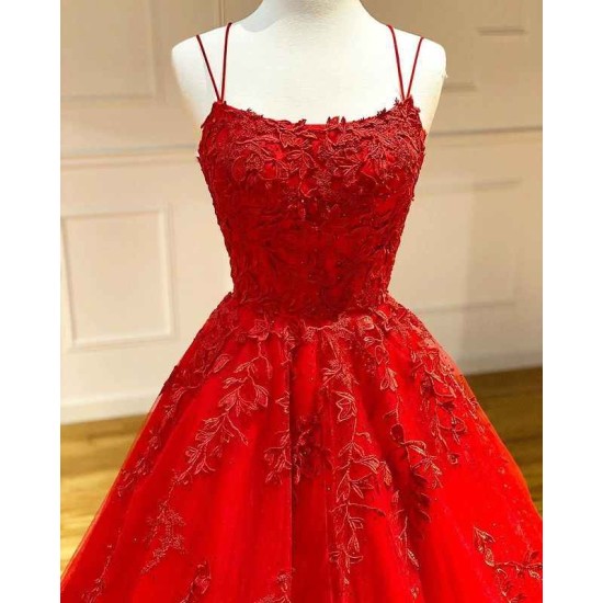Spaghetti Straps Floral Lace Aline Evening Gown Sleeveless Prom Party Gowns