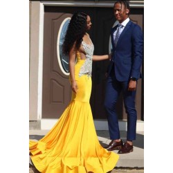 Yellow Sleeveless Mermaid Evening Prom Dresses Lace Appliques