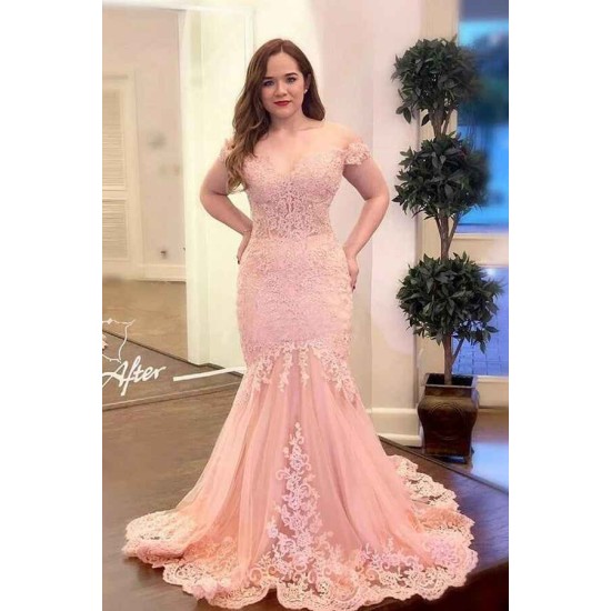 Off Shoulder Pearl Pink Mermaid Evening Prom Party GownsLace Appliques Wedding Gowns