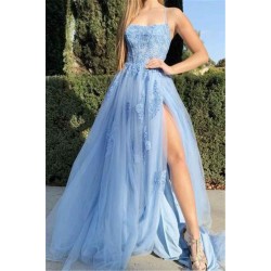 Sky Blue Front Split Evening Dress Spaghetti Straps Floral Appliques Tulle Prom Party Gowns