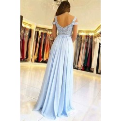 Elegant Off-the-shoulder Low Back Prom dresses with Chic High Split Ligh Sky blue Evening Gowns with Lace appliques