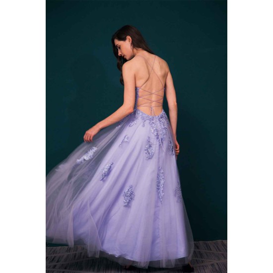 Lavender Spaghetti Strap Lace Appliques High split Prom Dress
