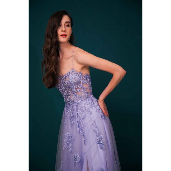 Lavender Spaghetti Strap Lace Appliques High split Prom Dress