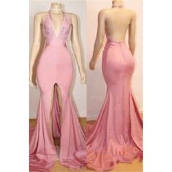 Elegant Pink Prom Party Gowns| Backless Lace Evening Gown With Slit