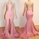 Elegant Pink Prom Party Gowns| Backless Lace Evening Gown With Slit
