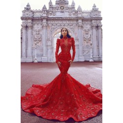 Chic Long Sleeve Red Mermaid Prom Dress With Lace Appliques