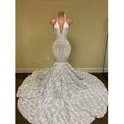 Sexy Hater Deep V-Neck Backless Ivory Prom Dress with Flowers Bottom