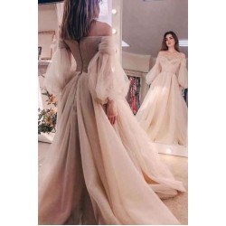 Off the shoulder Beads puff sleeve Tulle Ball Gown Evening Dress