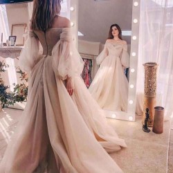 Off the shoulder Beads puff sleeve Tulle Ball Gown Evening Dress