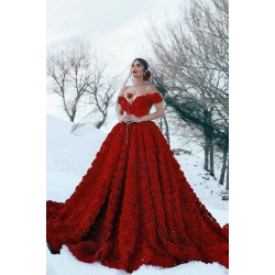Off-the-Shoulder 3D Floral Printed Ball Gown for Girl Evening Party Dresses