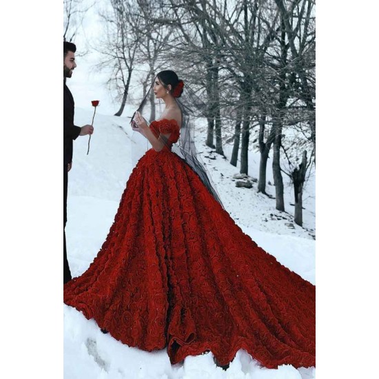 Off-the-Shoulder 3D Floral Printed Ball Gown for Girl Evening Party Dresses