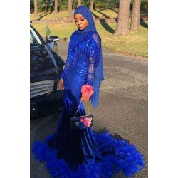 Royal Blue Sequined Mermaid Evening Gown Sweep Train