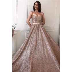 A-line Spaghetti Straps Floorlength Evening Dresses Sequined Party Dresses