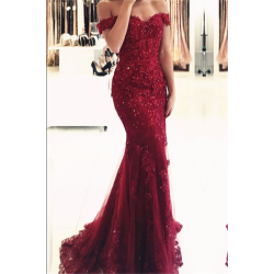 Gorgeous Off-the-shoulder Lace Appliques Red Mermaid Evening Dress