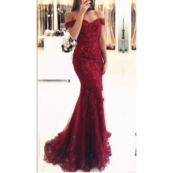 Gorgeous Off-the-shoulder Lace Appliques Red Mermaid Evening Dress