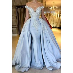 Elegant Sky Blue Mermaid Off-the-Shoulder Prom Dresses Sweetheart Discount Overskirt Evening Dresses On Sale