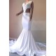 Crystal Beading White V-neck Sweep Train Mermaid Evening Gowns