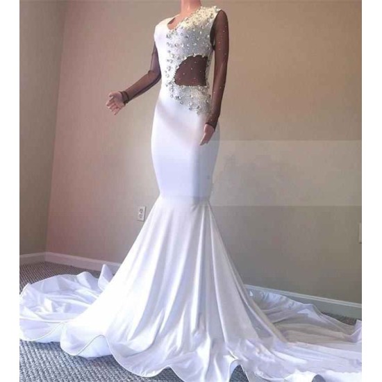 Crystal Beading White V-neck Sweep Train Mermaid Evening Gowns
