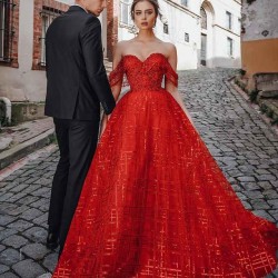 Unique Red Off-the-shoulder Sparkle Puffy Evening Dress