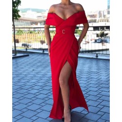 Chic Ruby Off-the-shoulder High Split Affordable Mermaid Evening Gowns