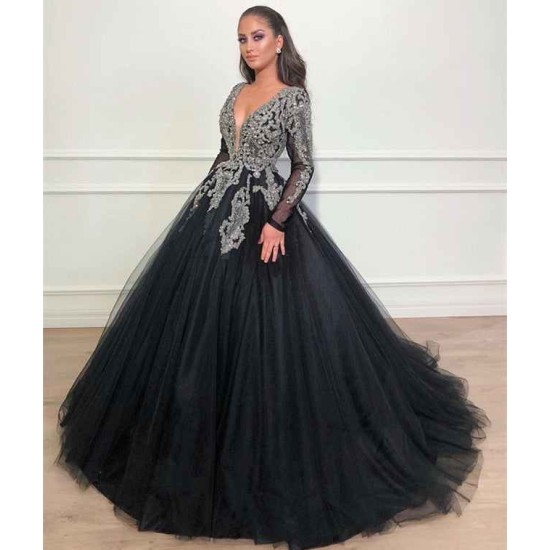 Black Ball Gown Deep V-Neck Long Sleevess Appliques Overskirt Evening Dresses