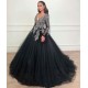 Black Ball Gown Deep V-Neck Long Sleevess Appliques Overskirt Evening Dresses