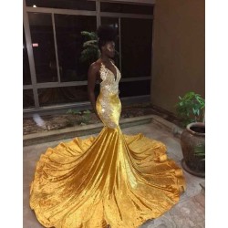 Elegant V-Neck Sleeveless Mermaid Appliques Yellow Prom Party Gowns