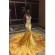 Elegant V-Neck Sleeveless Mermaid Appliques Yellow Prom Party Gowns