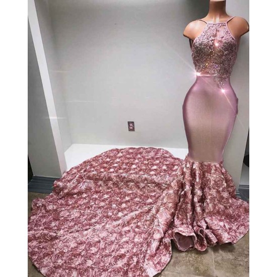 Gorgeous Pink Flowers Mermaid Halter Sleeveless Evening Gown