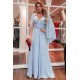 Unique Sky Blue Beaded V-neck Soft Pleats Long Evening Gowns with Shawl