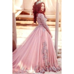 Gorgeous Long-Sleeve Arabic Style Lace Appliques Tulle Evening Dress