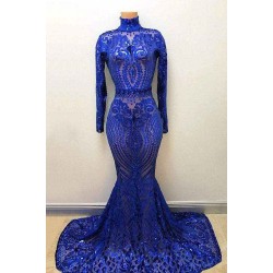 High Neck Long Sleevess Crystal Beading Appliques Mermaid Evening Gowns