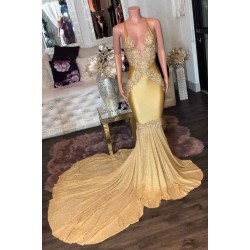 Gorgeous Golden Appliques Spaghetti Long Mermaid Evening Dresses