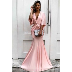 Chic Half Sleeves Deep V-neck Pink Evening Dresses Chic Mermaid Formal Dresses with Pleats