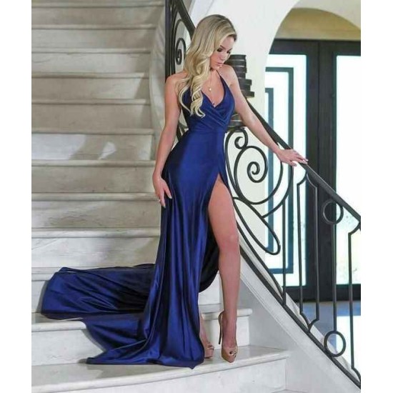 Royal Blue Column V-Neck Evening Dresses| Side Slit Affordable Formal Dresses
