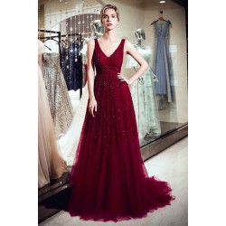 MELANIE A-line Long V-neck Sleeveless Burgundy Sequins Tulle Evening Dresses