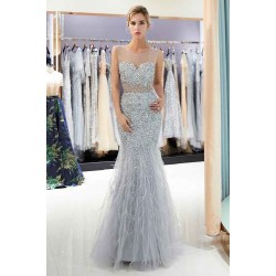 MEG Mermaid Sleeveless Illusion Neckline Crystal Sqeuined Tulle Evening Dresses