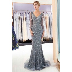 MAVIS Mermaid Long Sleevess V-neck Sequins Evening Gowns with Sash