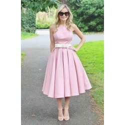 Light Pink Halter Sleeveless Summer Homecoming Dress with Belt