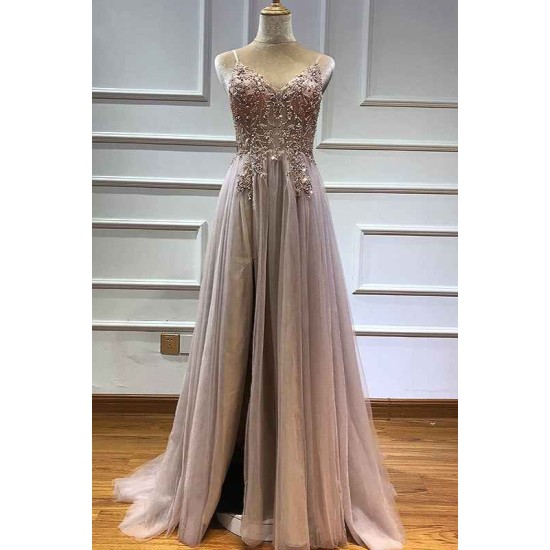 Glamorous V-neck Spaghetti-Straps Tulle Prom Dress Beadings Long Evening Gowns