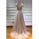 Glamorous V-neck Spaghetti-Straps Tulle Prom Dress Beadings Long Evening Gowns