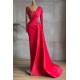 Gorgeous Red Long Sleeve Mermaid Evening Dress Lace Appliques Prom Gown Ruffles