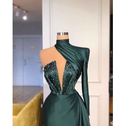Glamorous High Neck One Shoulder Long Sleeve Mermaid Evening Gowns With Crystals