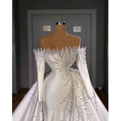 Off-the-Shoulder Long Sleeves Mermaid Wedding Dress Pearls With Detachable Train